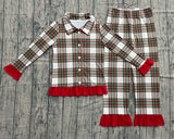 Ruffle red green plaid women button down Christmas pajamas
