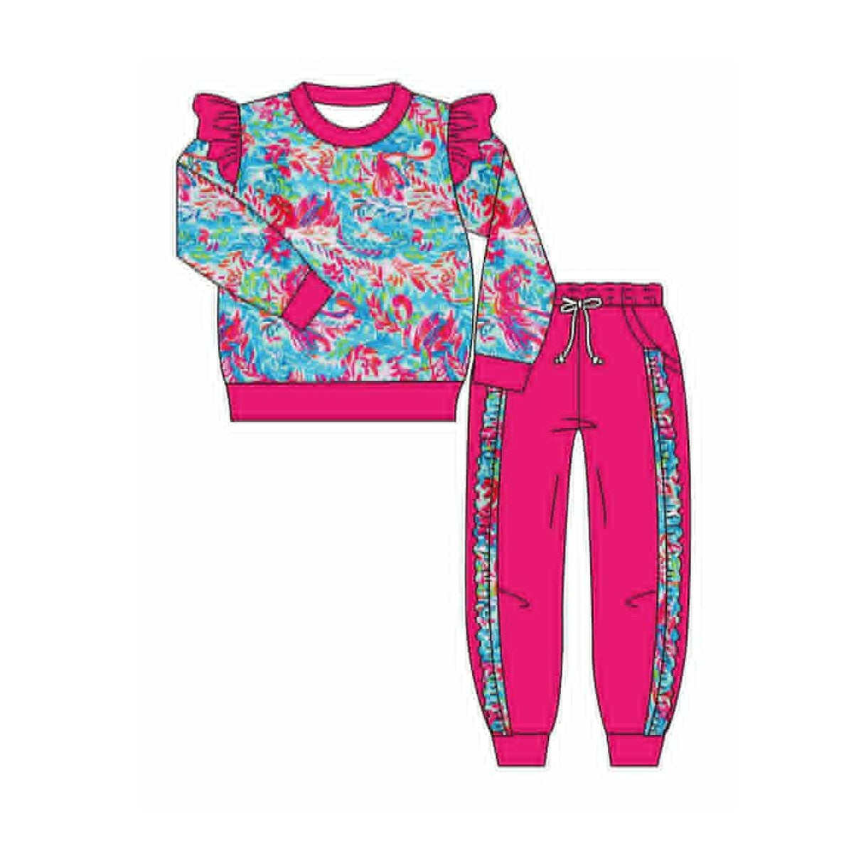 Watercolor flamingo top ruffle pants girls clothing set