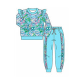 Watercolor top ruffle light blue pants girls clothing set
