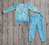 Watercolor top ruffle light blue pants girls clothing set