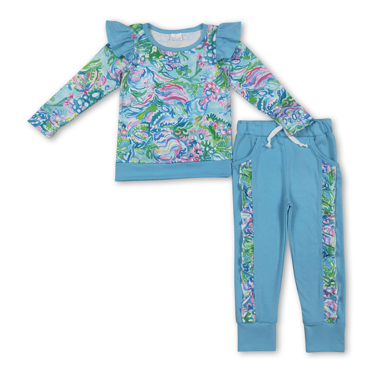 Watercolor top ruffle light blue pants girls clothing set