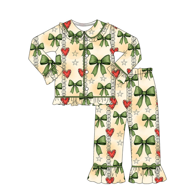 Bow candy cane heart girls Christmas button down pajamas