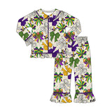 Purple yellow green girls Mardi Gras button down pajamas