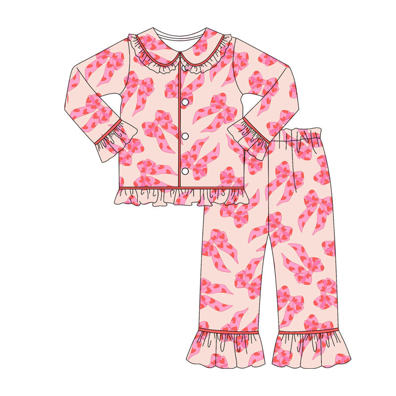 Heart bow girls Valentine's button down pajamas