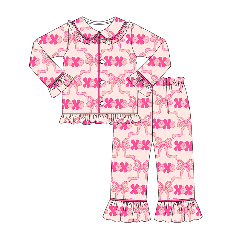 Bow xoxo girls Valentine's button down pajamas