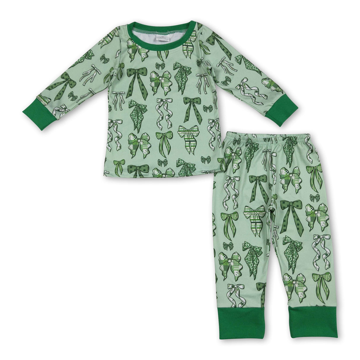 Green leopard clover bows kids girls St Patrick's day pajamas