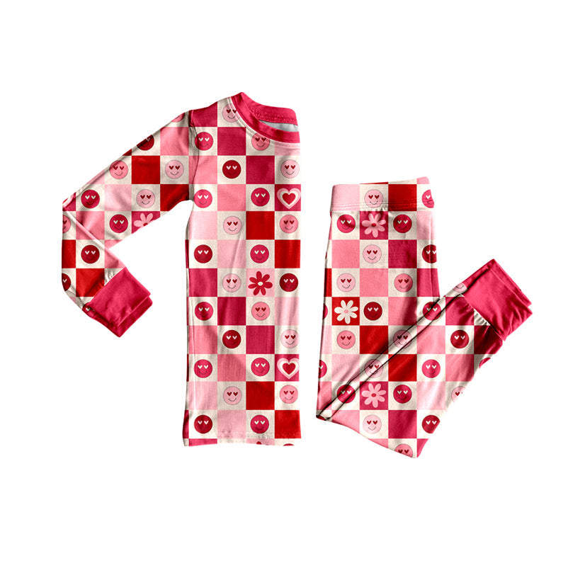 Heart smile plaid floral kids girls valentine's day pajamas