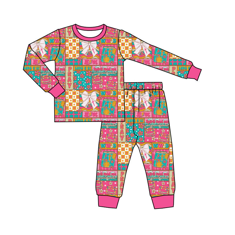 Floral cross bow jesus long sleeves girls pajamas