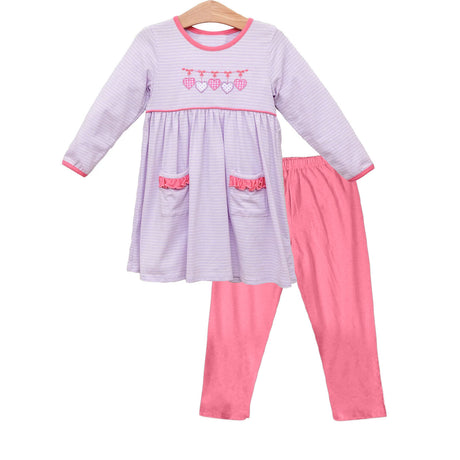 Long sleeves heart stripe tunic leggings girls valentine's set