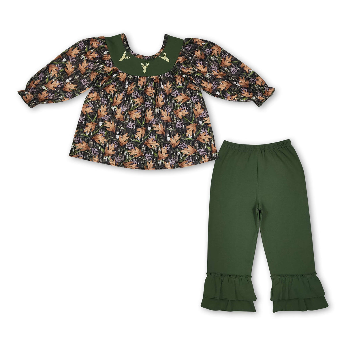 green deer embroidery leaves print green pants girls outfits