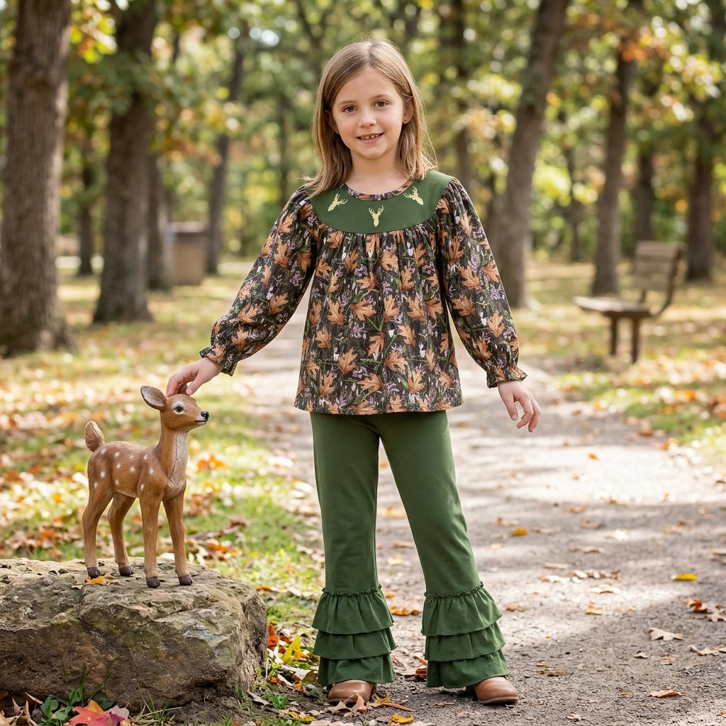 green deer embroidery leaves print green pants girls outfits