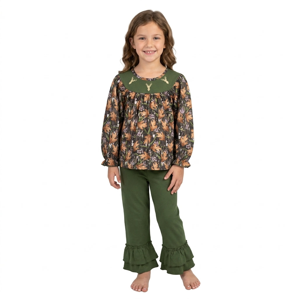 green deer embroidery leaves print green pants girls outfits