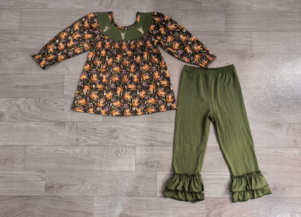 green deer smock leaves print green pants girls outfits