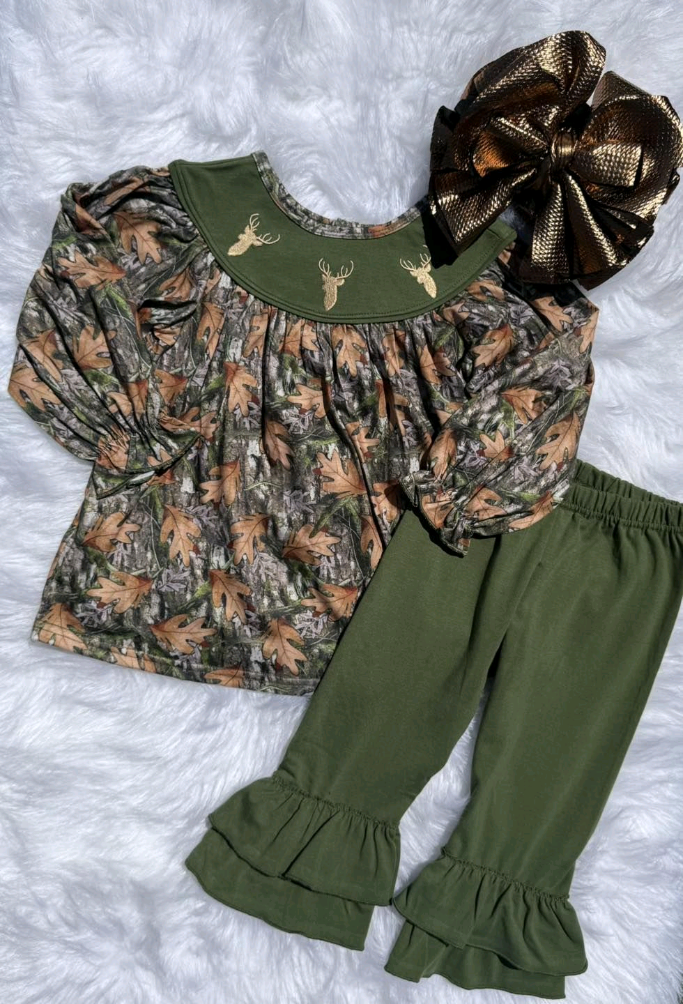 green deer smock leaves print green pants girls outfits
