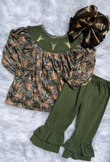 green deer smock leaves print green pants girls outfits