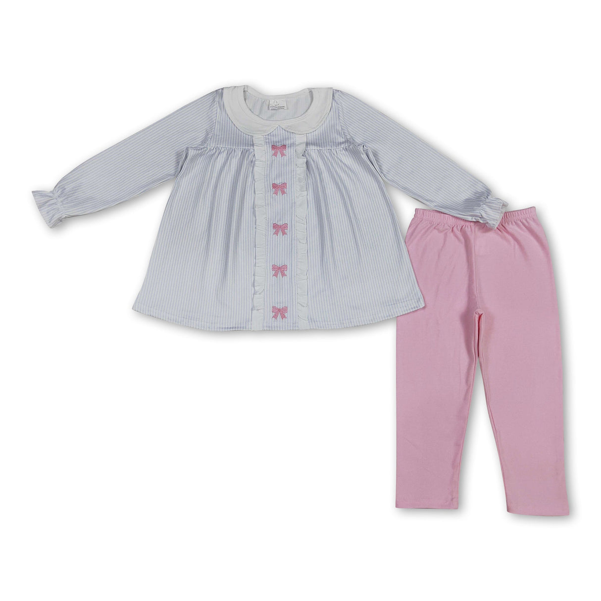 blue stripe pink bows print pink pants girls outfits
