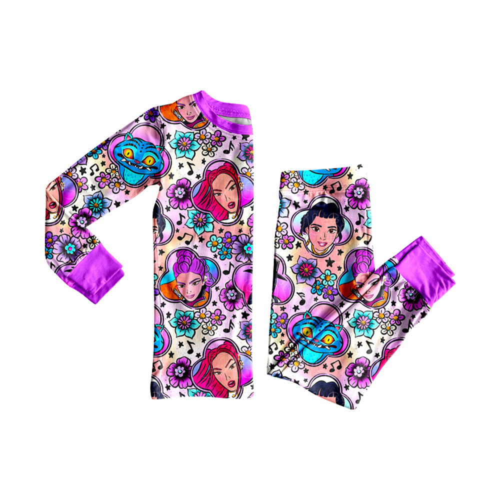 purple cartoon print girls long sleeve set