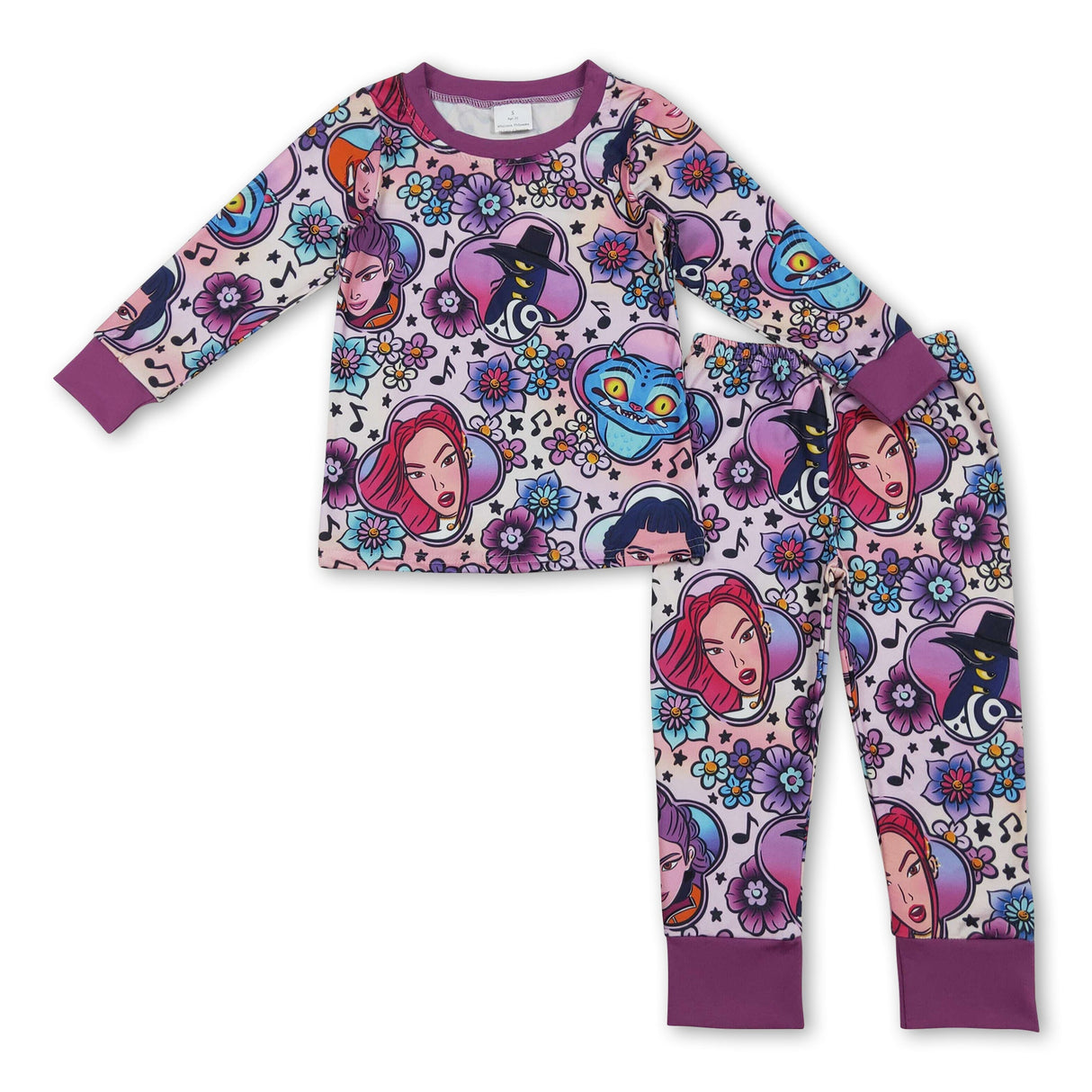 purple cartoon print girls long sleeve set
