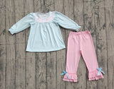 blue plaid print girls long sleeve set