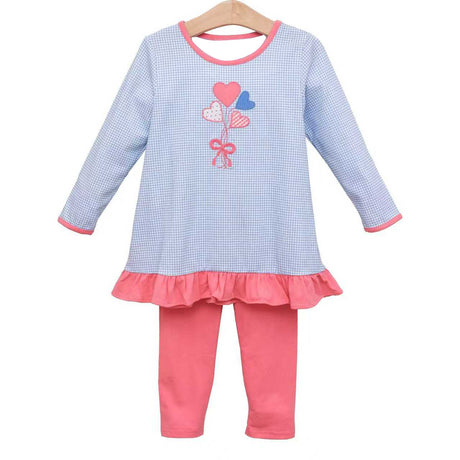 blue plaid colorful heart print girls long sleeve set