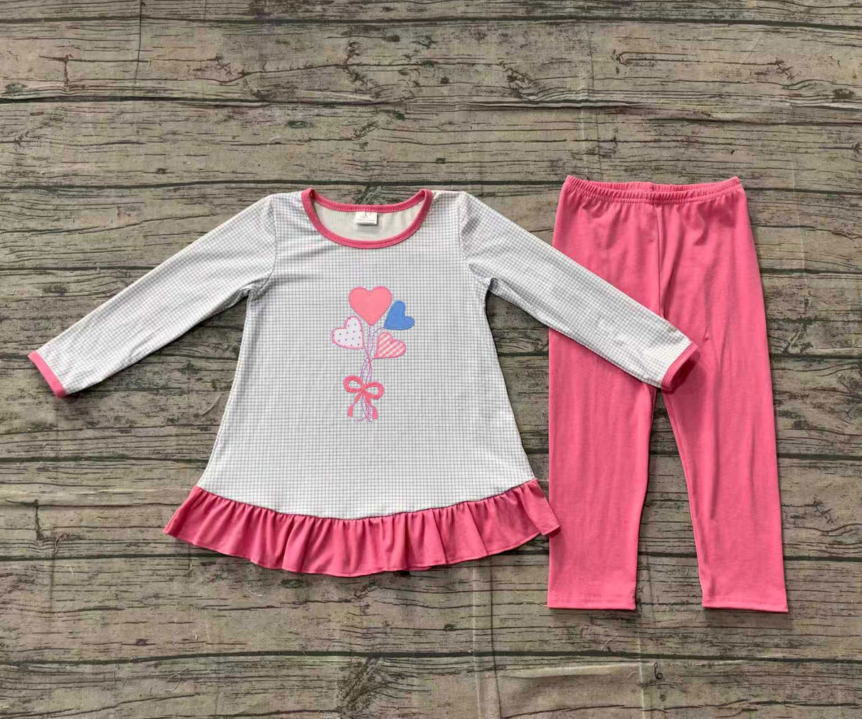 blue plaid colorful heart print girls long sleeve set