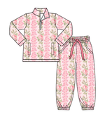 pink flowers girls pocket fall yoga pink set