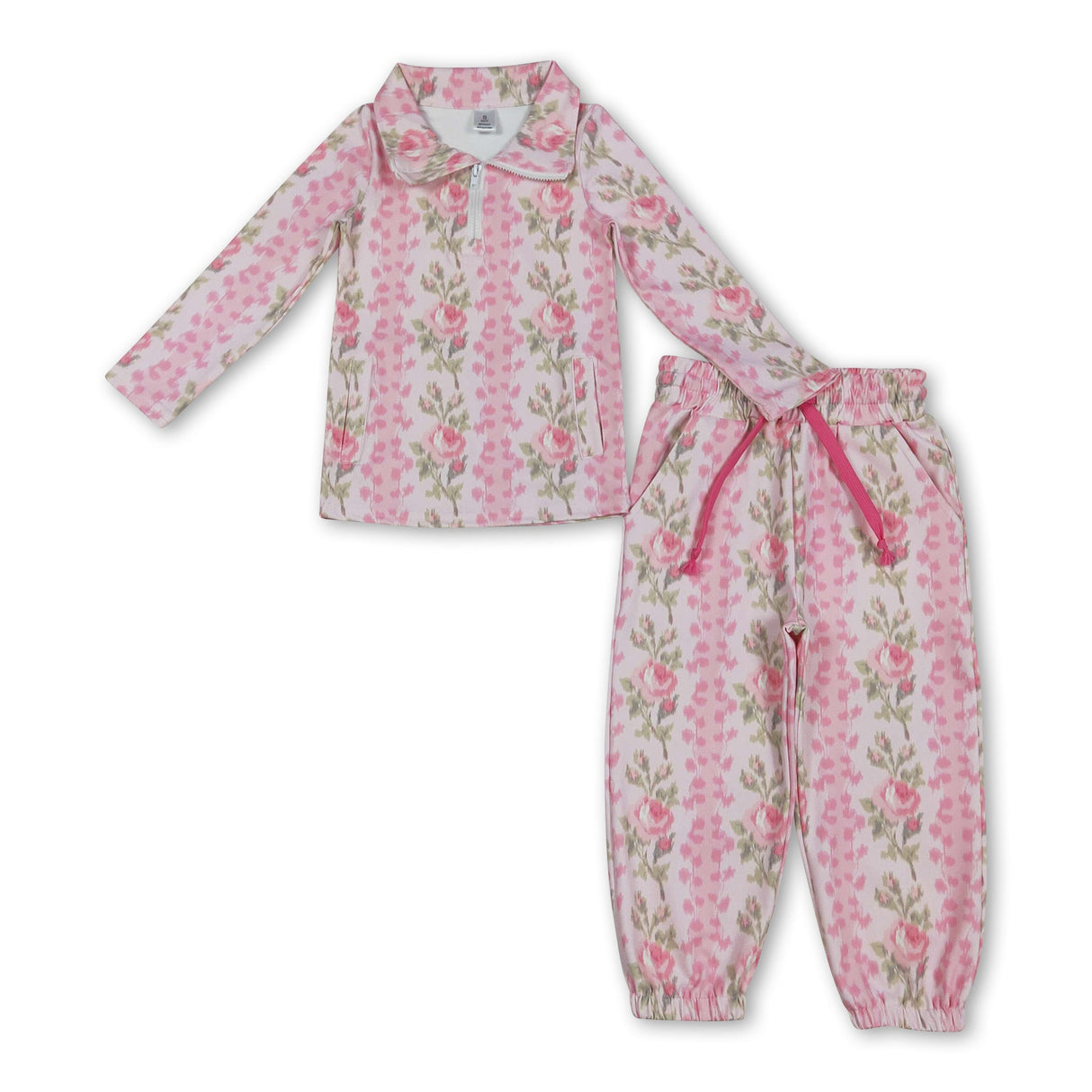 pink flowers girls pocket fall yoga pink set
