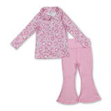pink leopard zipper girls pocket fall yoga set