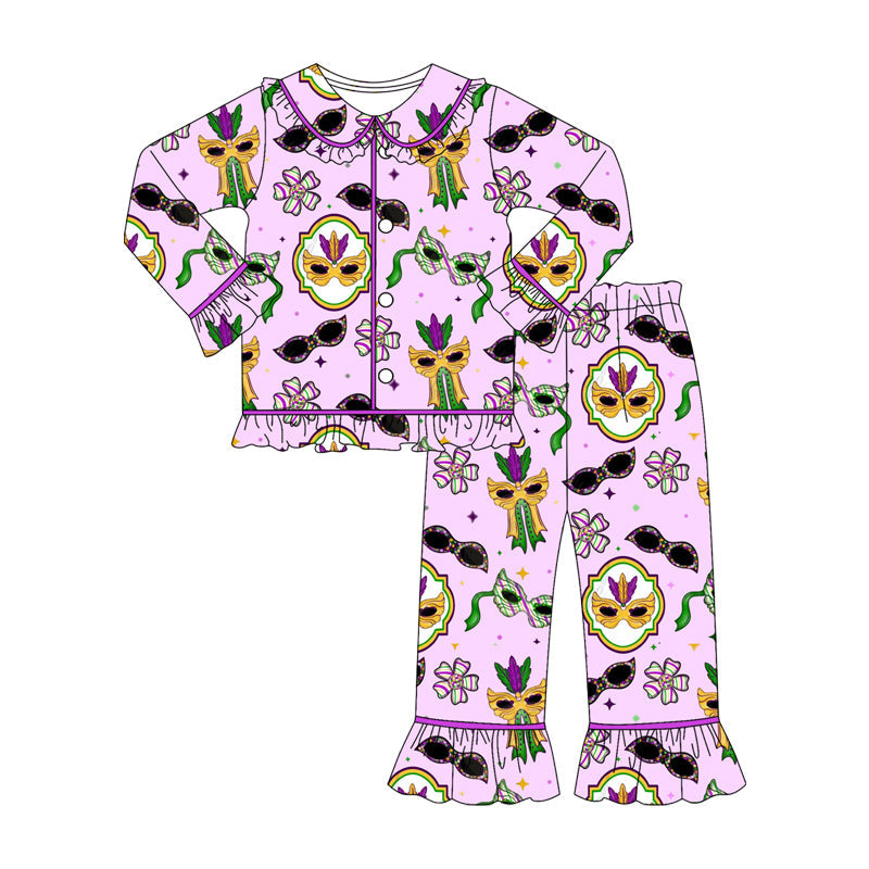 purple mask print girls long sleeve mardi gras set