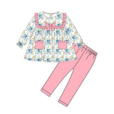 blue bows flowers pink pocket girl long sleeve set