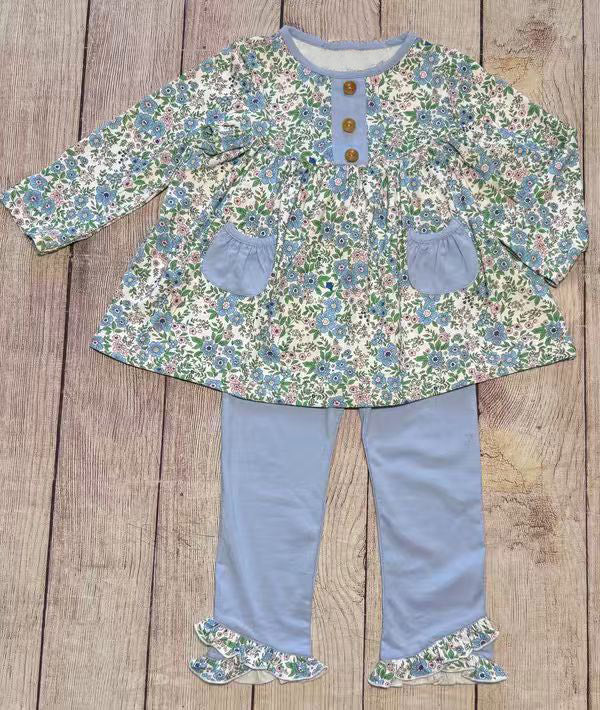 blue flowers pocket girl long sleeve set