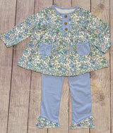 blue flowers pocket girl long sleeve set