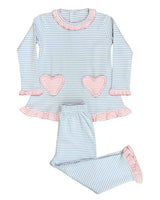 blue stripe pink stripe heart pocket girl long sleeve set