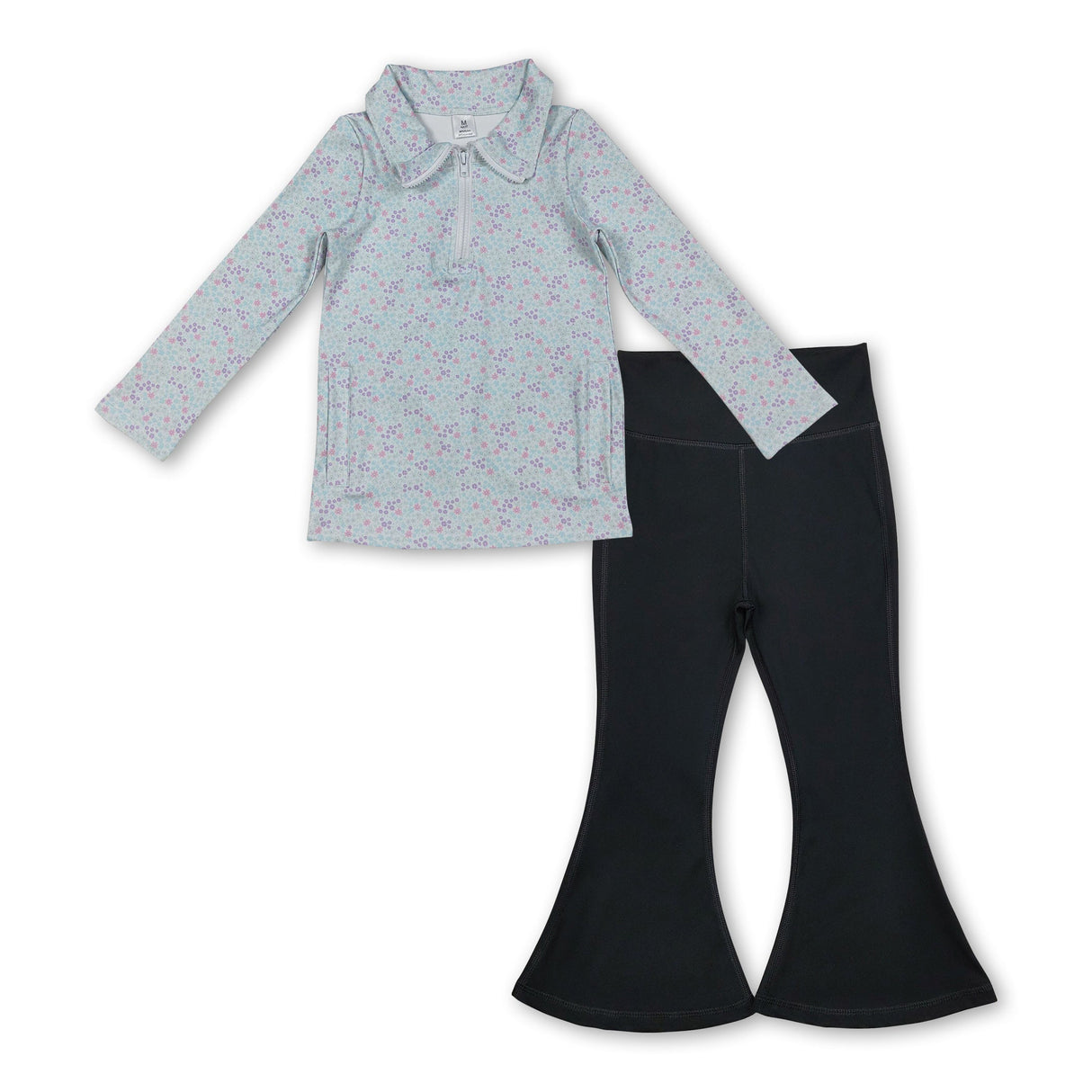 blue flowers zipper pullover match black pant girls pocket yoga set