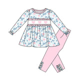 blue flowers pink heart print girl long sleeve set