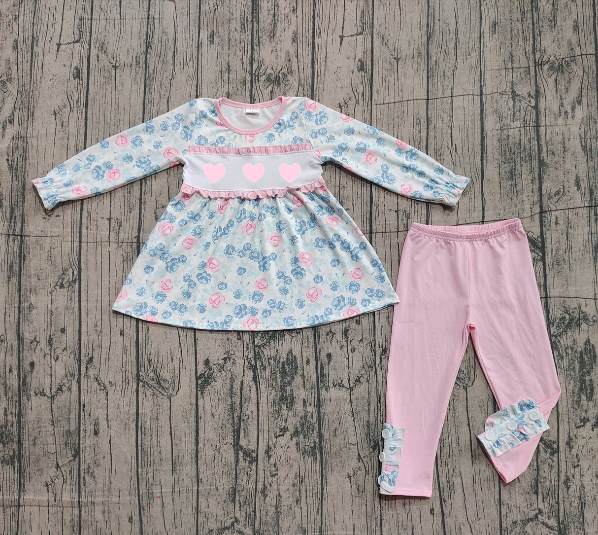 blue flowers pink heart print girl long sleeve set