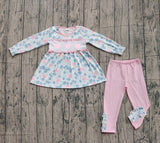blue flowers pink heart print girl long sleeve set
