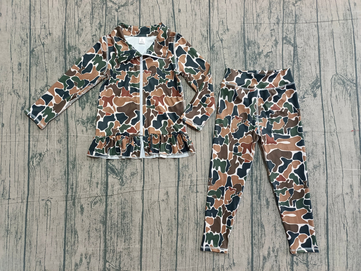 Long sleeves brown camo ruffle top leggings girls yoga set