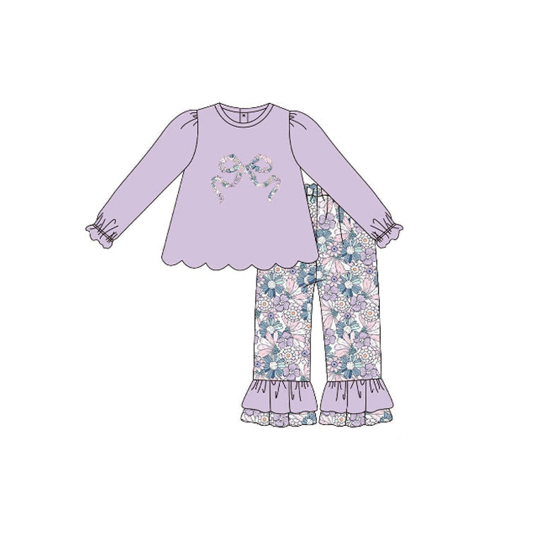 Long sleeves lavender floral bow top ruffle pants girls clothes