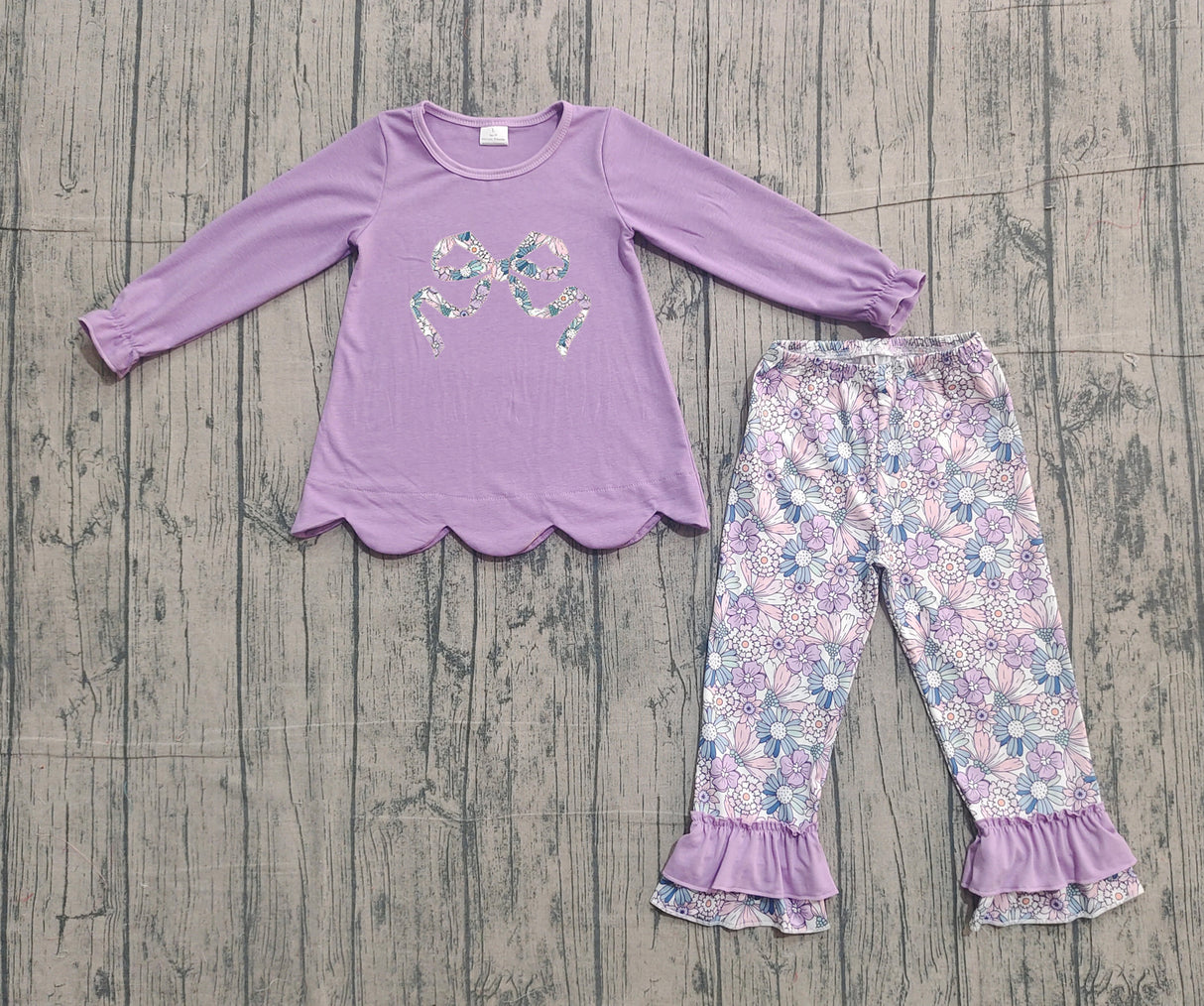 Long sleeves lavender floral bow top ruffle pants girls clothes
