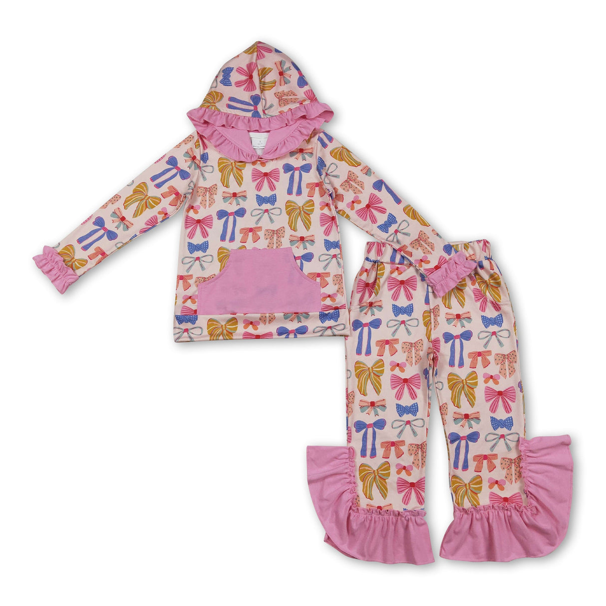 Pink pocket ruffle colorful bow hoodie pants girls clothes