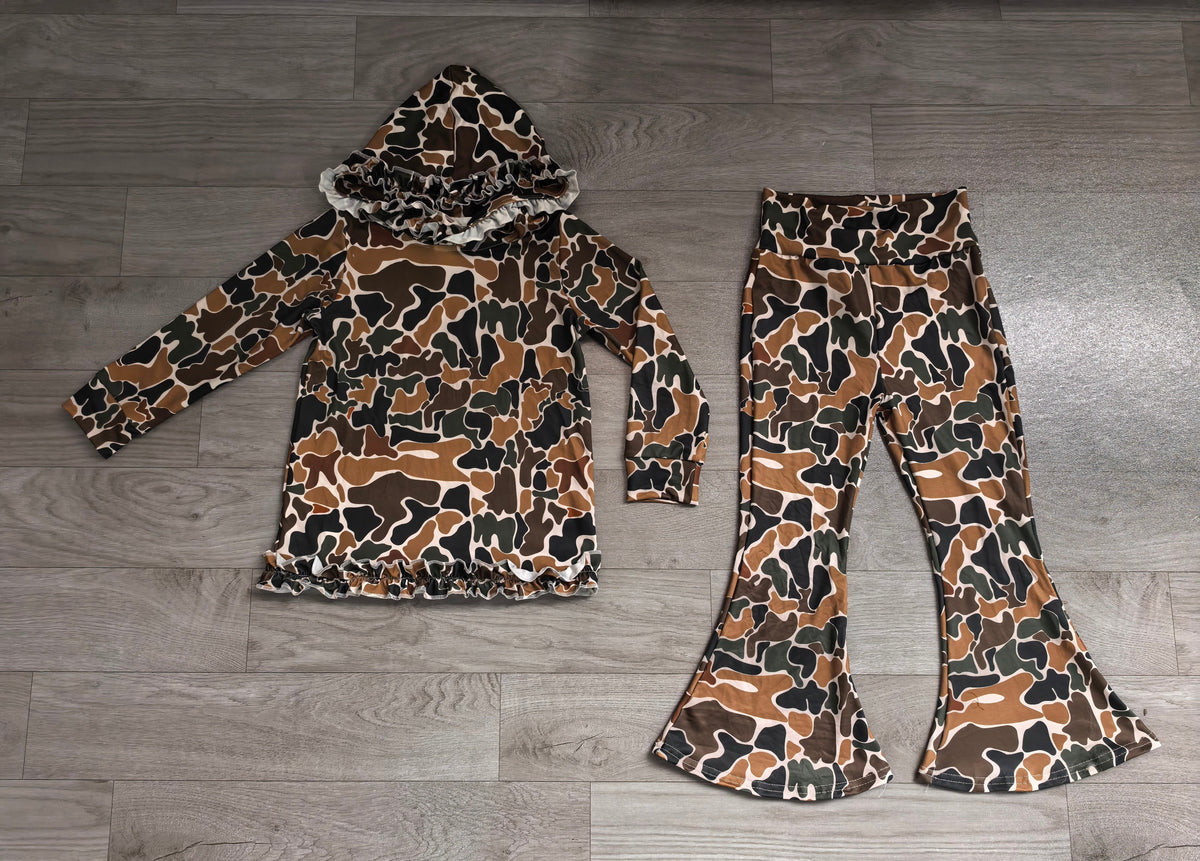 Long sleeves brown camo hoodie pants girls outfits