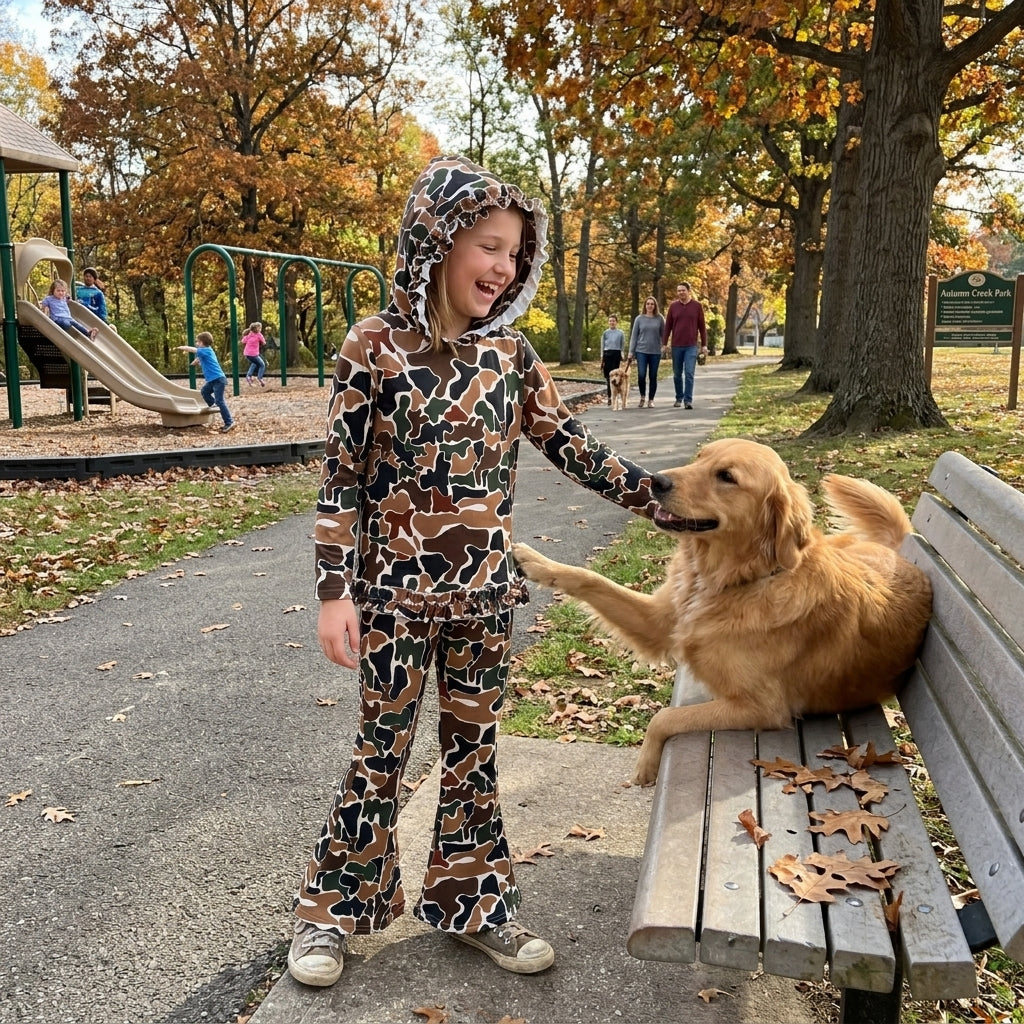 Long sleeves brown camo hoodie pants girls outfits
