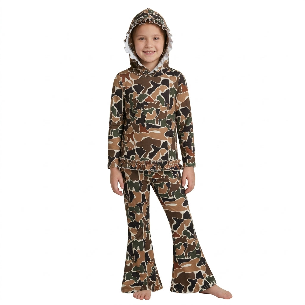 Long sleeves brown camo hoodie pants girls outfits