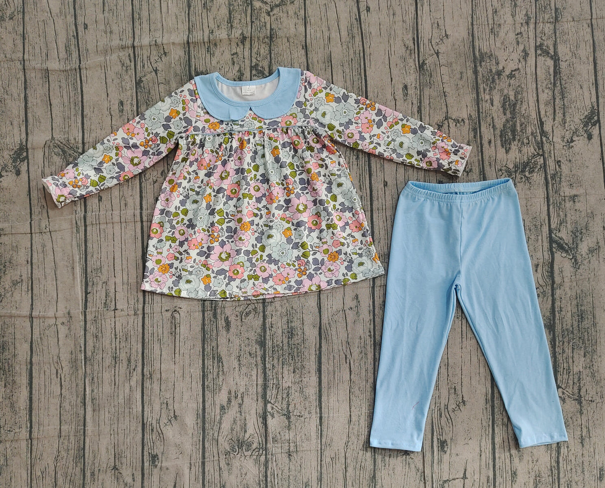 Long sleeves floral tunic light blue leggings girls outfits