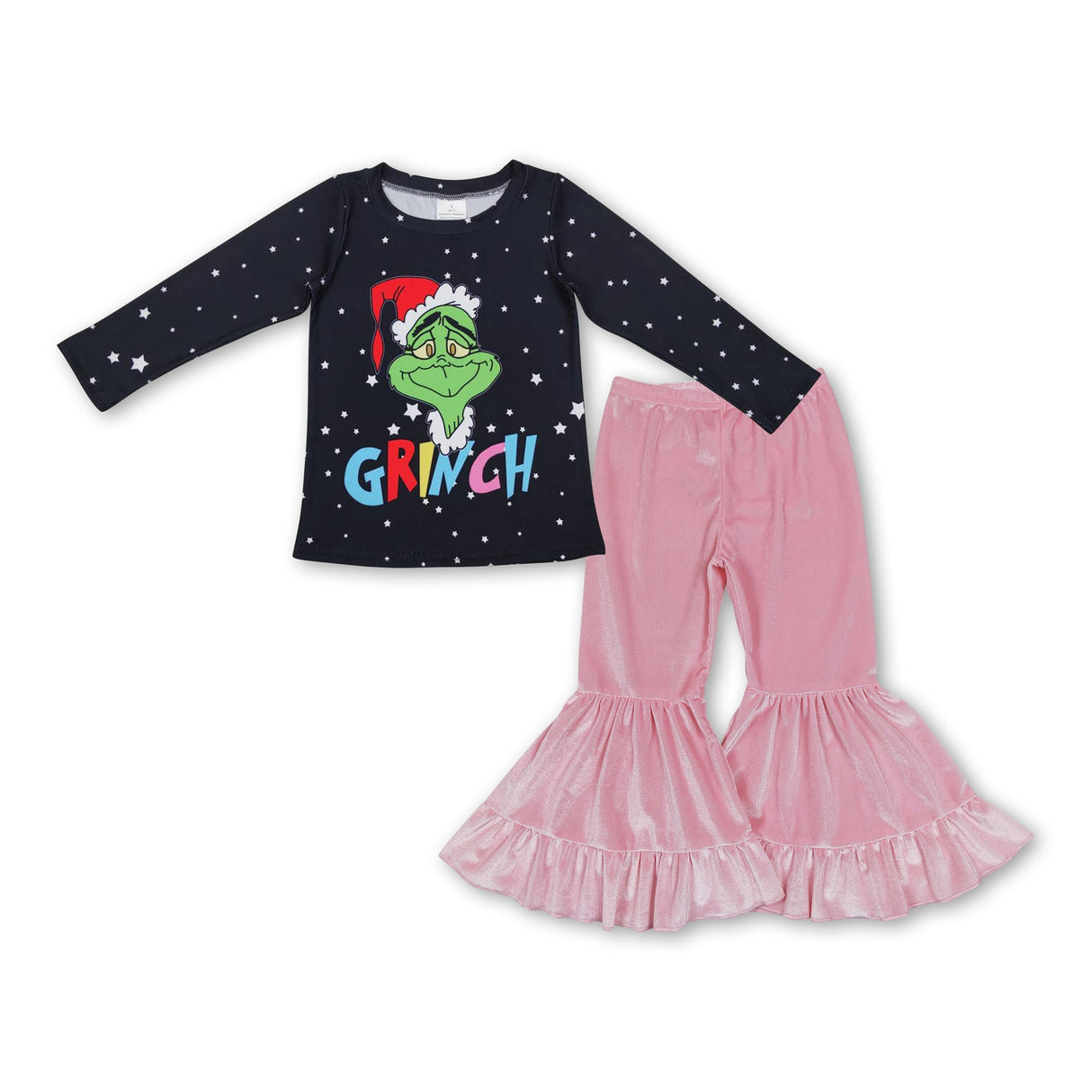Black green face top pink velvet pants girls Christmas outfits