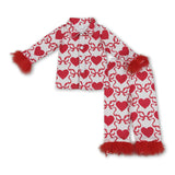 Red fur sleeves heart bow girls Valentine's pajamas