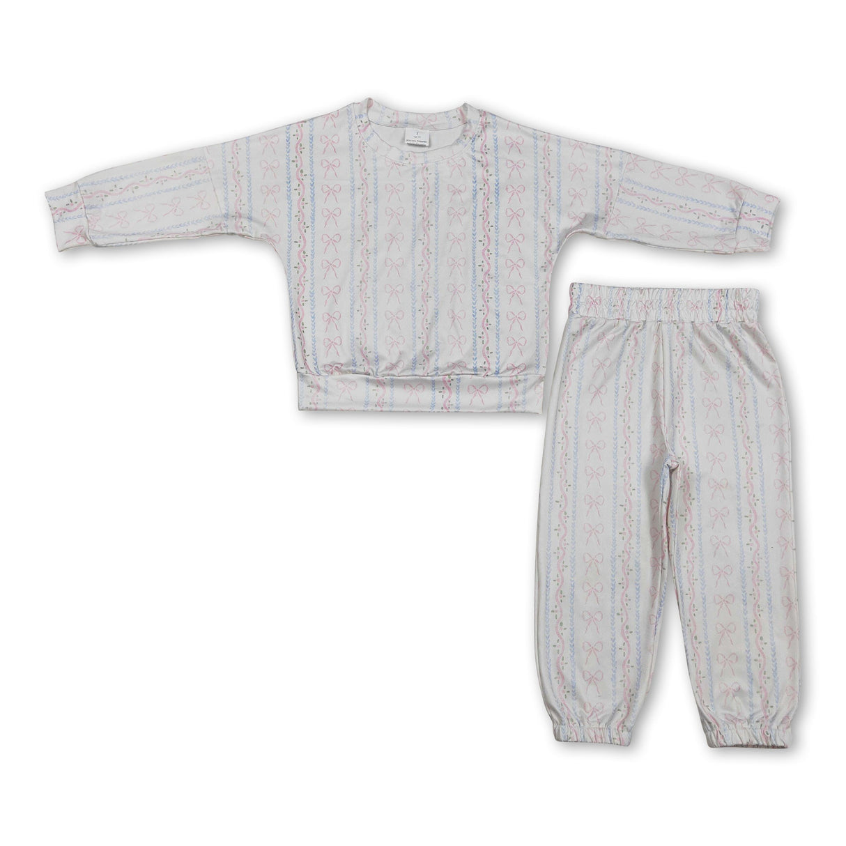 Long sleeves pink bow floral top pants kids girls outfits