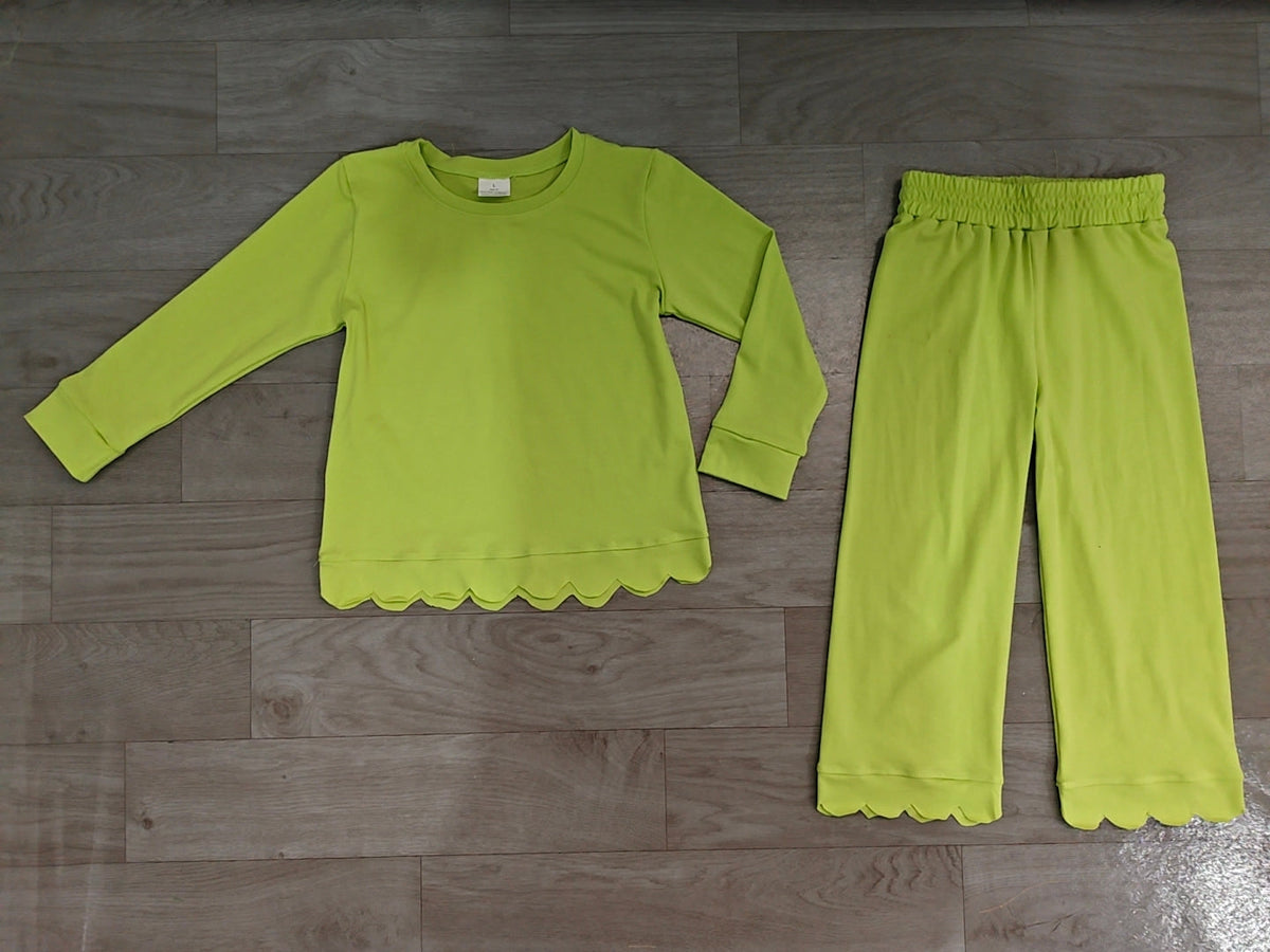 Mint green long sleeves scallop top pants kids girls outfits