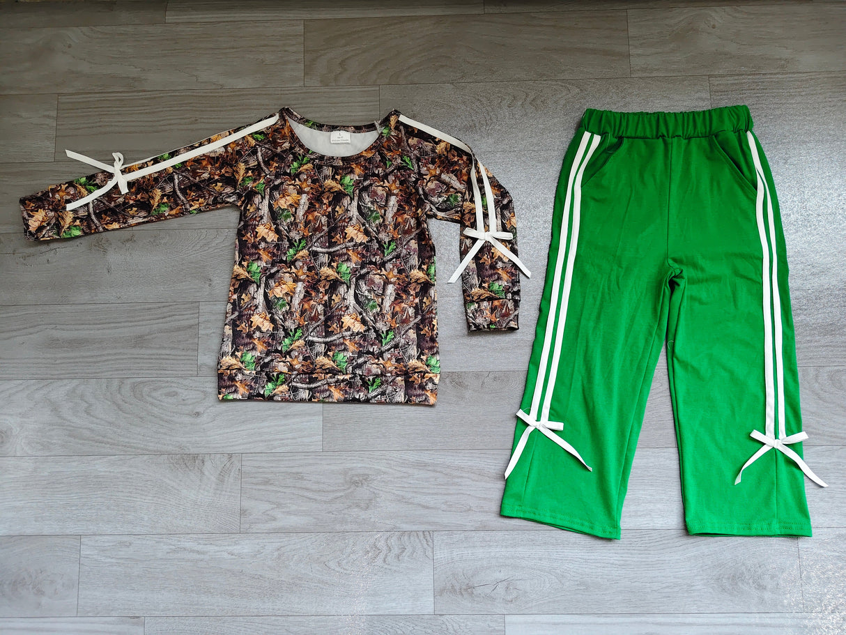 Leaves camo top green cotton pants girls fall outfits